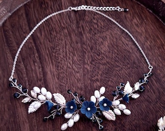 Navy Blue Bridal Jewelry Set | Blue Flower Necklace & Earrings