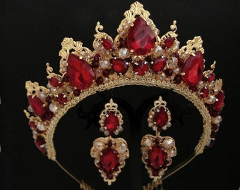Red and gold crown Birthday crown Red tiara for women Ruby crown Gold and red crown Queen of hearts Wedding crown Quinceanera crown