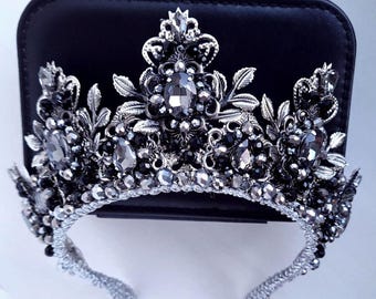 Black Crystal Tiara | Gothic Wedding Crown | Black and grey headpiece