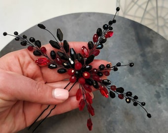 Black and red hair pin Crystal hair pins Bridal hair pins Black head piece Gothic wedding Hair pins for women Black hair comb Red hair comb