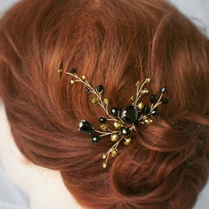 Black and gold hair pins for women Black hair pin Black gold jewelry Hair pin for mother of bride updo Decorative hair pins Prom accessories