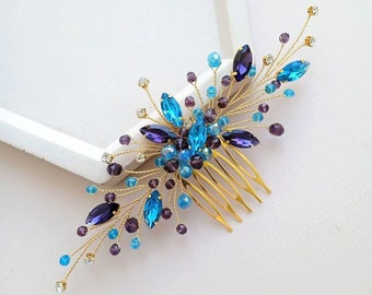 Purple and teal hair comb Purple and aquamarine hair comb Turquoise hair piece Teal hair piece Aquamarine headpiece Wedding hair accessories