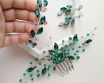 Emerald Bridal Jewelry Set | Green Hair Comb, Earrings & Bracelet