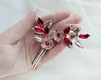 Red hair pin Red hair clip Red hair accessories Crystal hair pins Floral hair pins Red hair comb Silver hair pins Bridesmaid hair comb