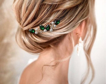 Emerald Green Crystal Hair Comb With Gold Leaves, Bridal  display picture 1