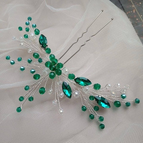 Épingle à cheveux émeraude Accessoires de cheveux de mariage Coiffe émeraude Pièce de cheveux émeraude Pince à cheveux émeraude or Barrette verte Peigne à cheveux vert