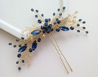 Blue and gold hair pin Navy blue hair pins Blue hair pins Crystal decorative hair pins Bridal hair pins Something blue hair accessories