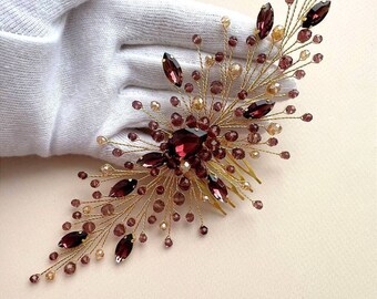 Burgundy and gold hair comb Burgundy gold hair piece Burgundy and champagne headpiece Bridal hair comb Bridal hair piece Wedding hair piece