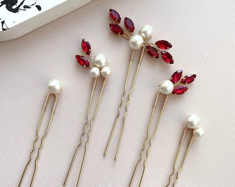 Red Pearl Crystal Bridal Hair Pins | Wedding Hair Accessories (Set of 5)