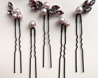 Burgundy & black bridal hair pins | Pearl wedding piece | Deep red hair accessories