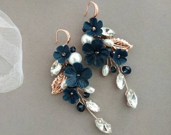 Navy blue earrings Bridal earrings with flowers Dark blue earrings Wedding earrings Crystal earrings Bride earrings Long flower earrings