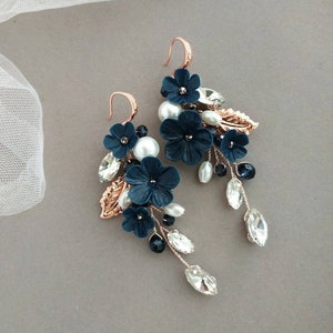 Navy blue earrings Bridal earrings with flowers Dark blue earrings Wedding earrings Crystal earrings Bride earrings Long flower earrings