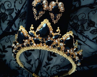 Gold tiara for women Birthday tiara Black crown Birthday crown Gold crown King crown Black Tiara set Black and gold tiara Persephone crown