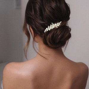May include: A woman's updo hairstyle with a pearl hair clip. The dark brown hair is styled in a low bun with loose waves. The hair clip is a delicate design of small pearls clustered together.