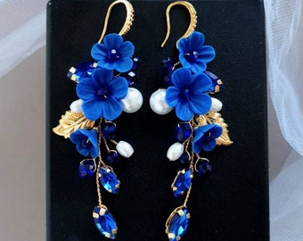 Königsblaue Ohrringe Navyblaue Ohrringe Brautohrringe mit Blumen Dunkelblaue Ohrringe Hochzeitsohrringe Kristallohrringe Brautohrringe