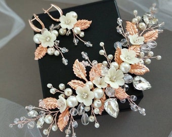 Rose gold hair comb and earrings Floral hair comb Bridal hair comb Bridal hair piece Rose gold jewelry Wedding hair comb Pearl hair comb