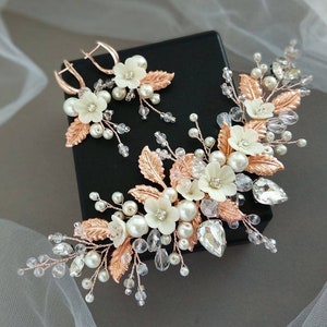 Floral jewelry set Rose gold hair comb and earrings Floral hair comb Bridal hair comb Bridal hair piece Wedding hair comb Pearl hair comb