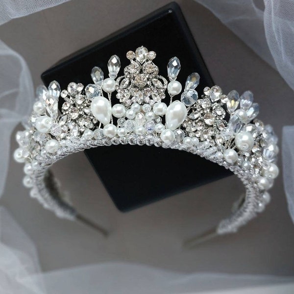 Wedding tiara Bridal tiara Pearl tiara for brides Bridal crown Bridal tiara set Silver headband Tiara crown Silver tiara Pearl crown