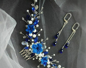 Navy Blue Flower Hair Piece Bridal Hair Comb Floral Headpiece Etsy