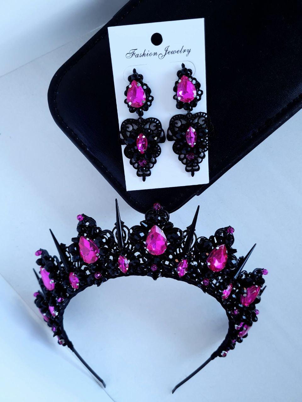 Black and Hot Pink Gothic Crown | Neon Rhinestone Tiara - Etsy display picture 2