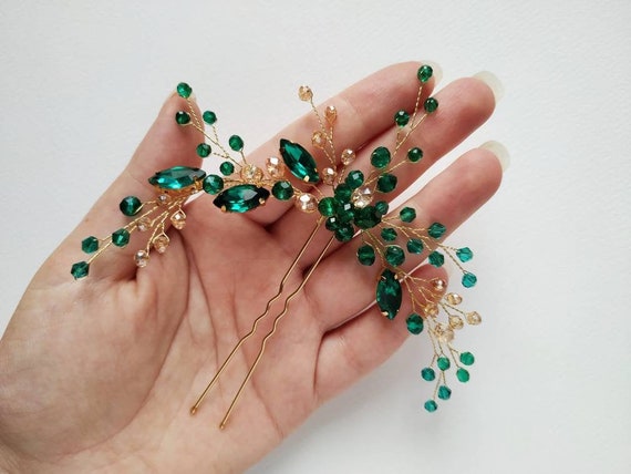 Emerald and Gold Hair Pin Emerald Hair Pin Emerald Hair Piece Emerald Green  Wedding Hair Pins Green Hair Clip Emerald Headpiece for Bride 