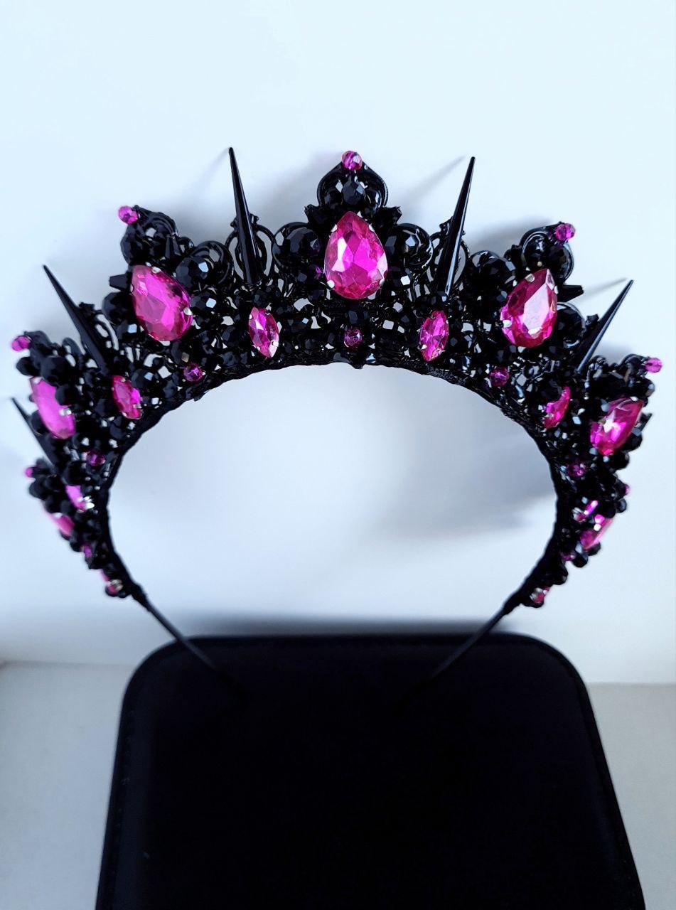 Black and Hot Pink Gothic Crown | Neon Rhinestone Tiara - Etsy display picture 2