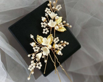 Gold Blumen Perle Braut Haarnadel | Handgefertigtes Hochzeitsaccessoire