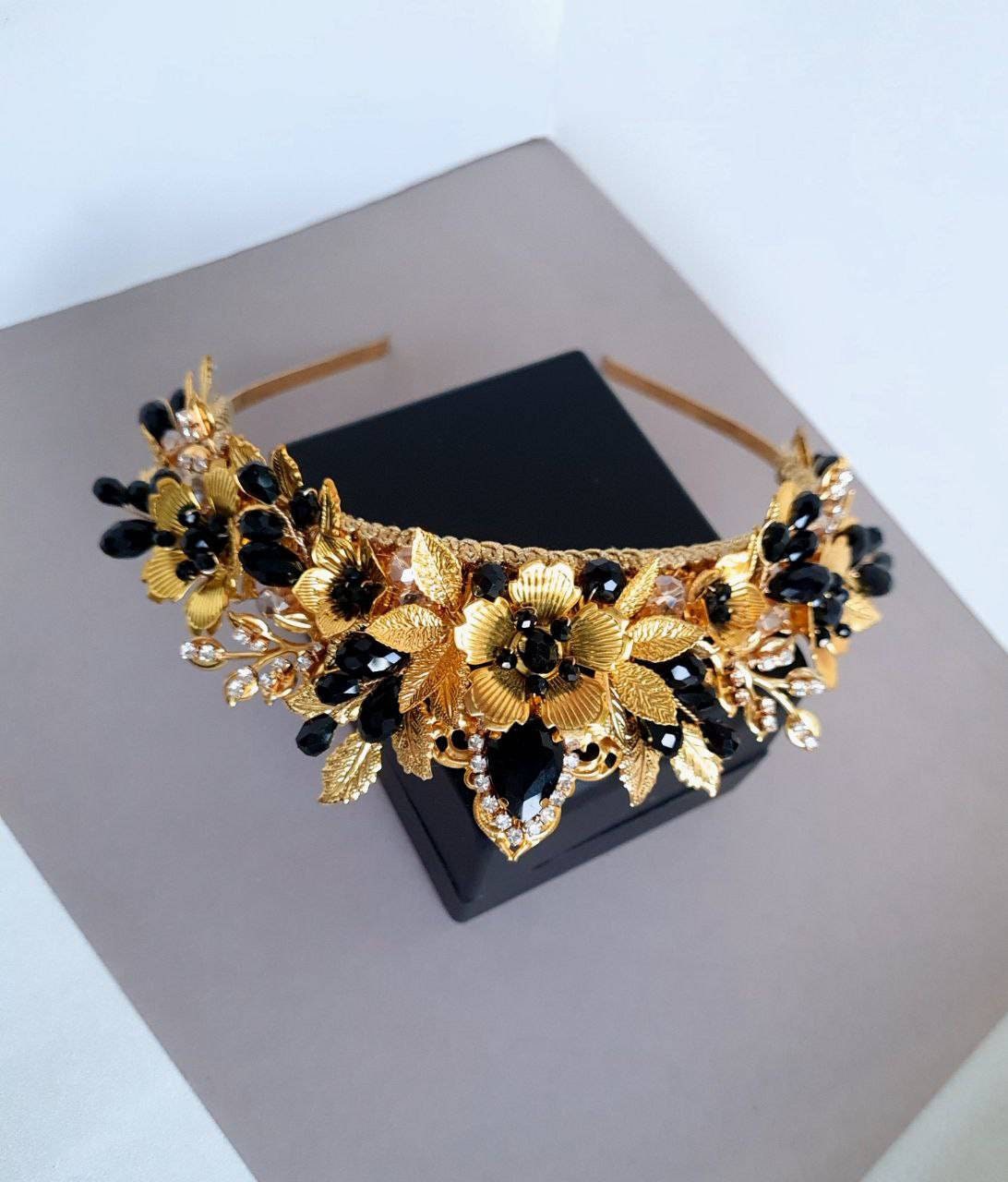 Black Gold Crystal Tiara | Floral Black Crown | Bridal or  display picture 1