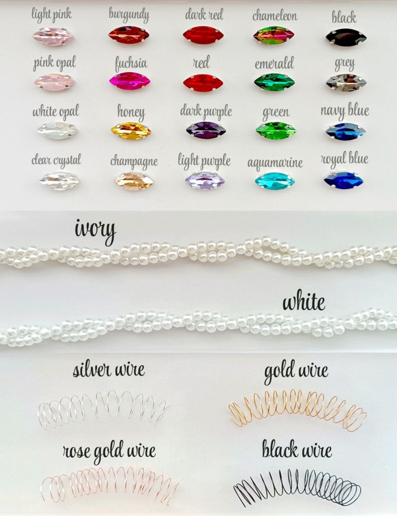 May include: A chart of different coloured glass beads and pearl beads, with the words "ivory", "white", "silver wire", "gold wire", "rose gold wire", and "black wire" written below the beads.
