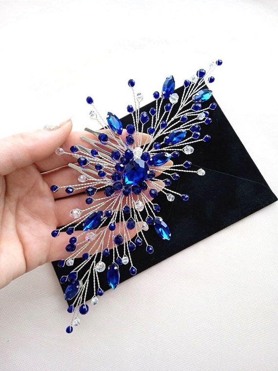 Braut-Kopfschmuck Mit Blauen Saphir-Strass – Elegant, Ca. 38 Cm, Für Hochzeit & Ball