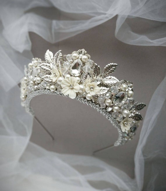 Delicate Pearl Tiara | Bridal Headpiece | Wedding Floral  display picture 1