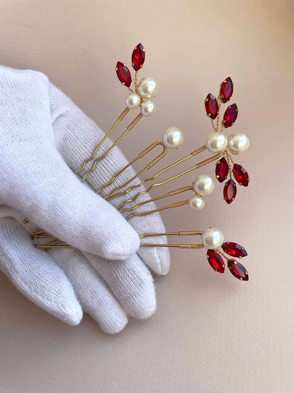 Gorgeous red rhinestone hair stick Red Pearl Crystal Bridal Hair Pins | Wedding Hair  main image 2