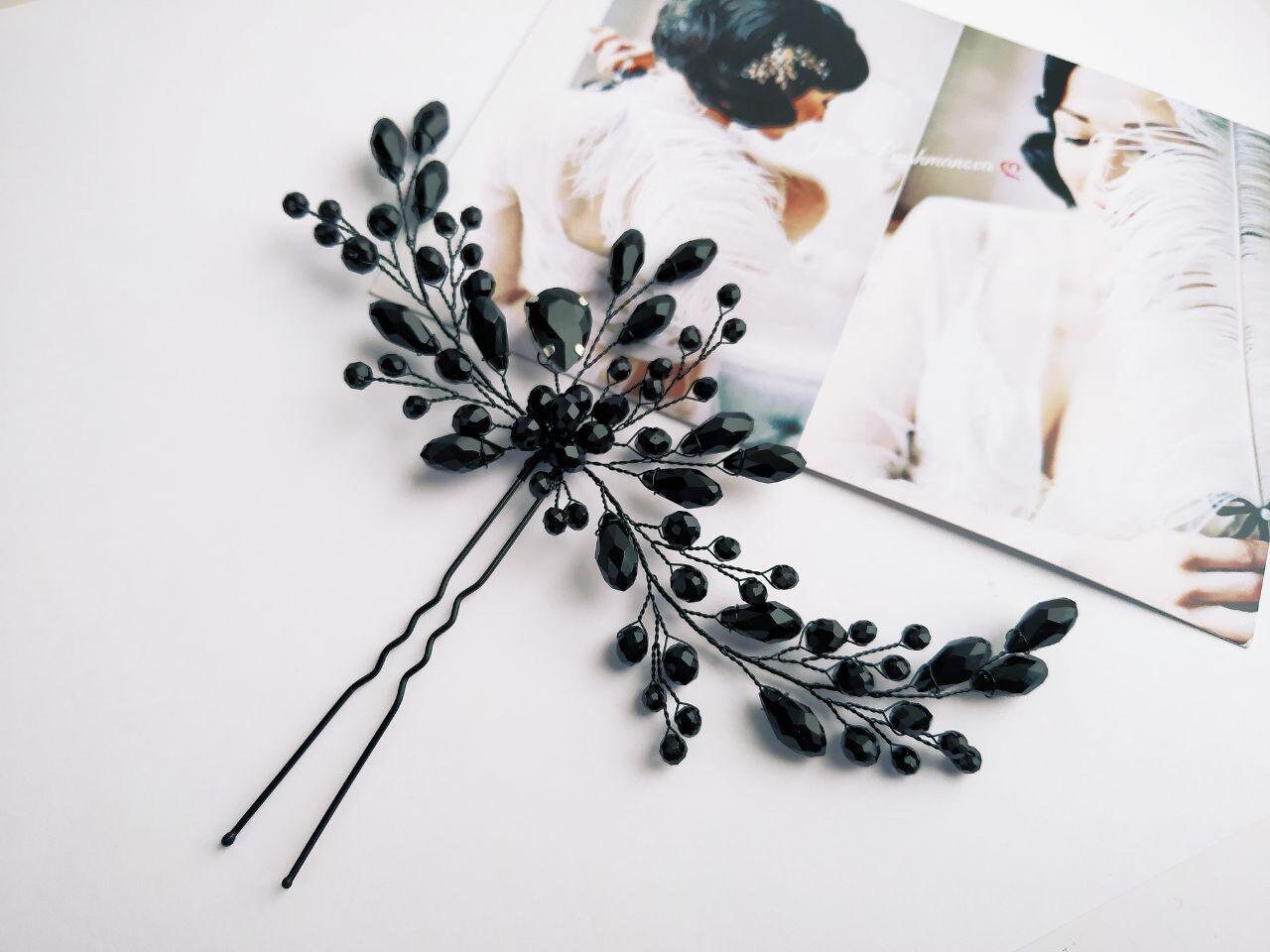 Black Crystal Bridal Hair Pin | Wedding Hair Accessory  display picture 2