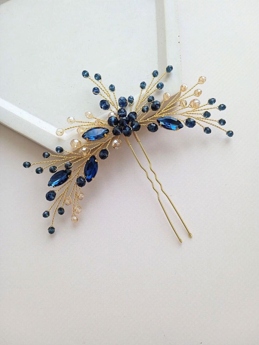 Blue and Gold Hair Pin Navy Blue Hair Pins Blue Hair Pins Crystal