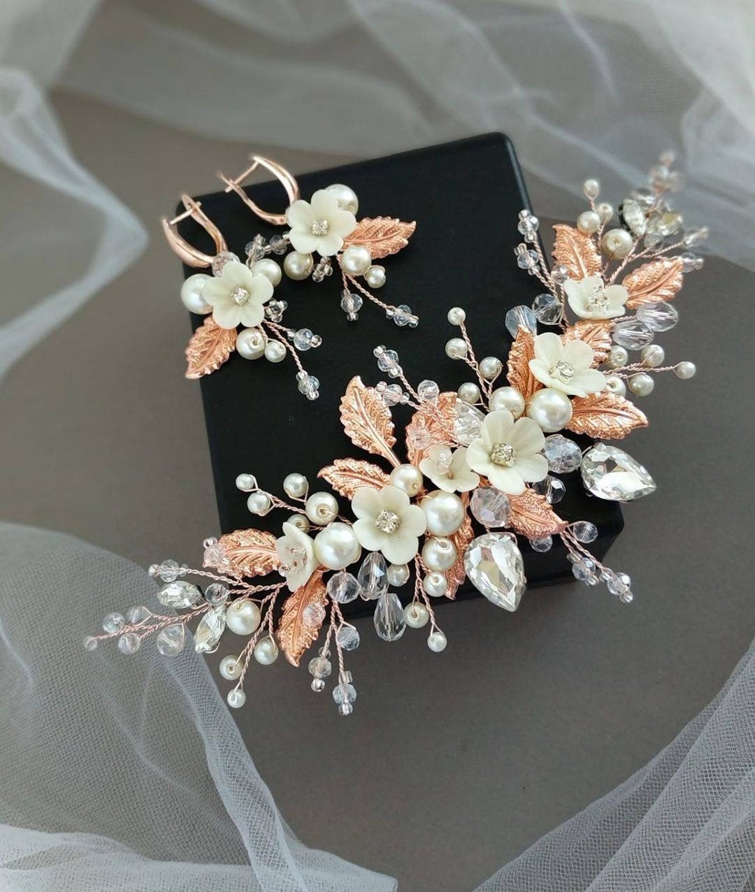 Rose Gold Hair Comb and Earrings Floral Hair Comb Bridal Hair Comb ...