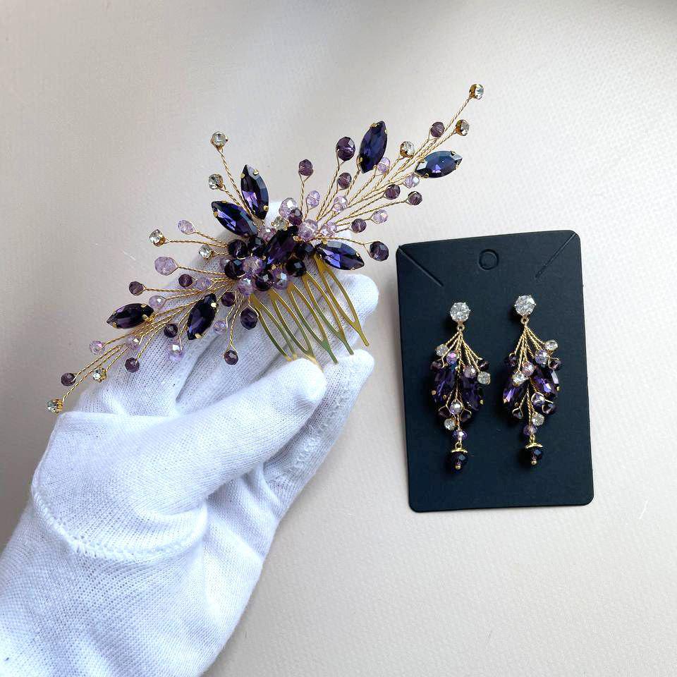Floral Crystal‎ Hair Combs Set - Blue, Pink, Purple, Gold Navy Blue Crystal Flower Hair Combs, Set of 3 - Etsy main image 3
