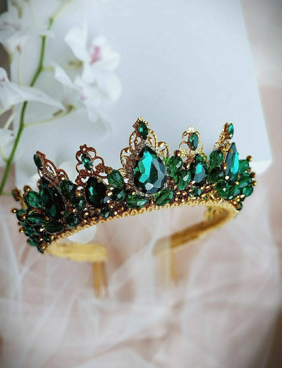 Emerald Gold Bridal Tiara | Green Crystal Crown | Emerald  display picture 2