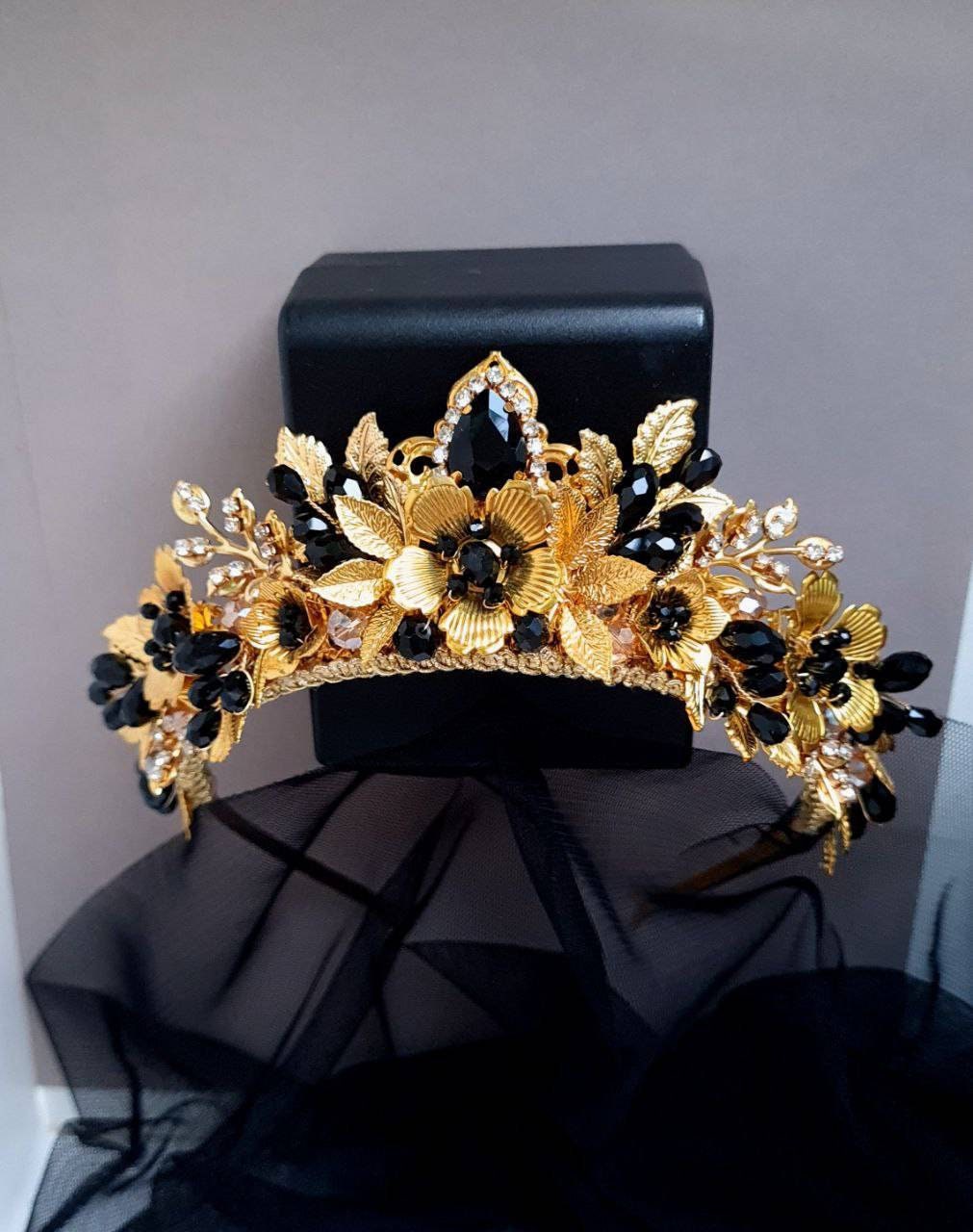 Black Crystal Bridal Tiara with Gold Frame - Women Accessories Amazon.com: Salliy Black Crown Rhinestone Tiara and Crowns  main image 2