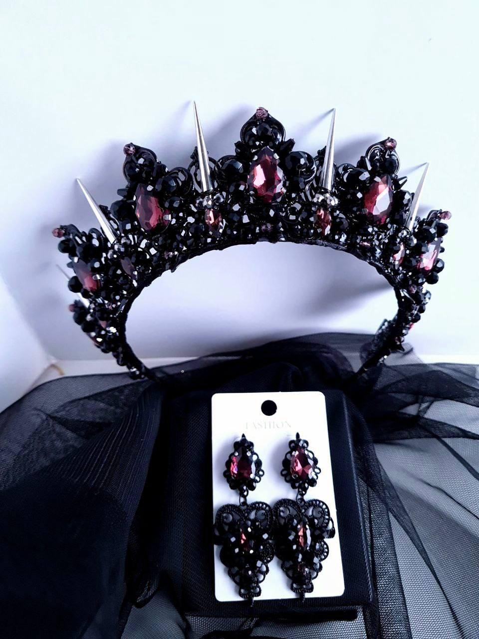 Black and Burgundy Bridal Tiara | Gothic Halo Crown | Ruby  display picture 2