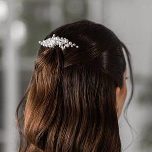 May include: A silver hair comb adorned with numerous small, round, white pearls. The comb is set in dark brown hair, styled in loose waves. The background is blurred, suggesting a focus on the hair accessory.