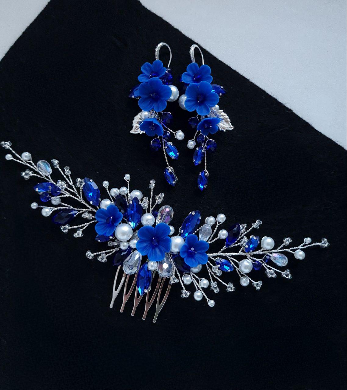 Blue Bridal Hair Comb & Earrings | Rhinestone Pearl Flower  display picture 3
