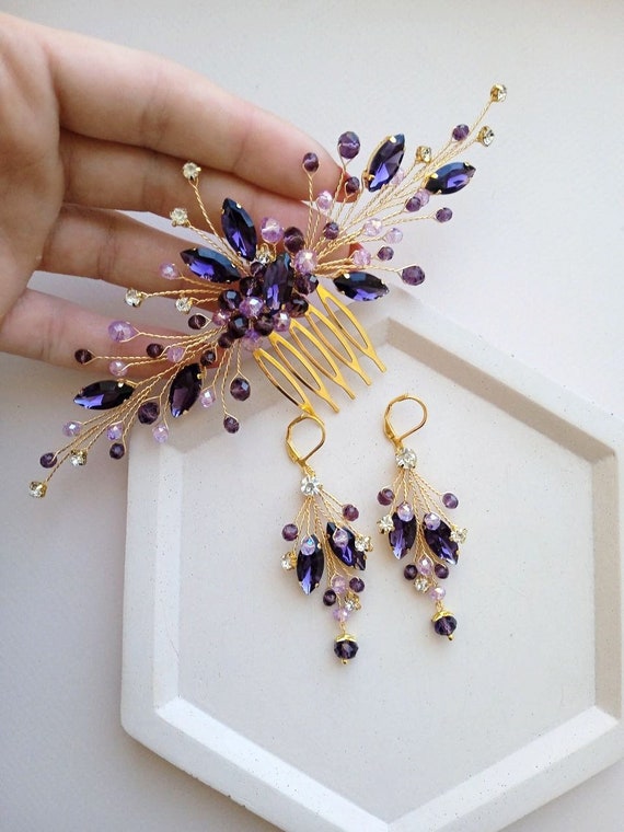Purple & Gold Hair Comb | Bridal Hair Piece | Amethyst  display picture 3