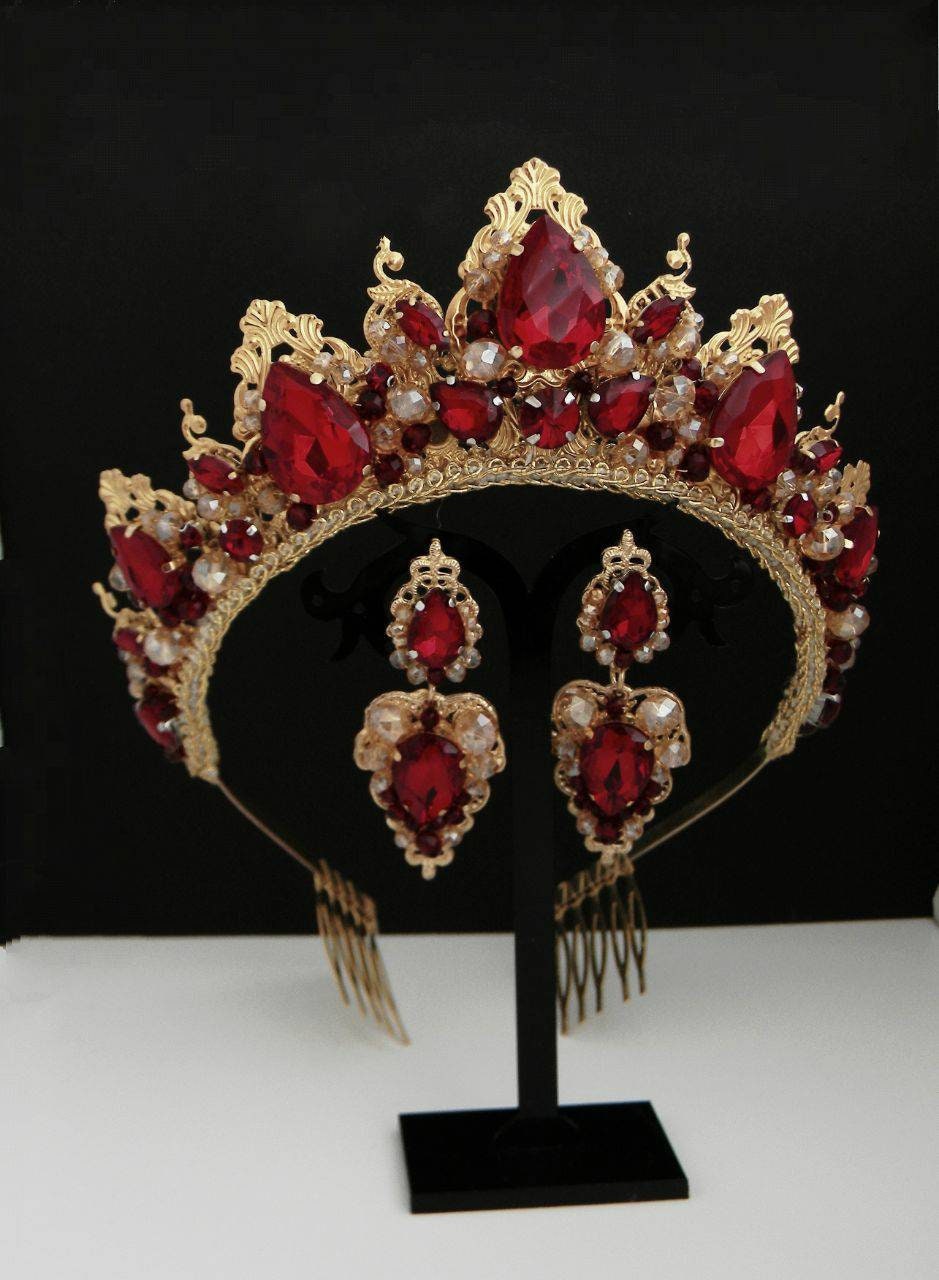 Red and Gold Crystal Rhinestone Tiara Set | Wedding Birthday  display picture 1