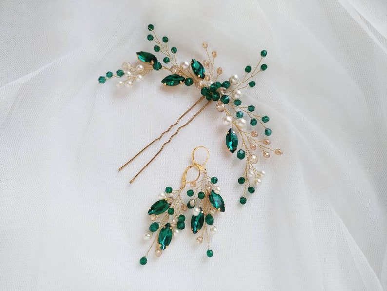 Emerald Hairpin Gold/hair Clip Green Pearl/wedding Hair Etsy