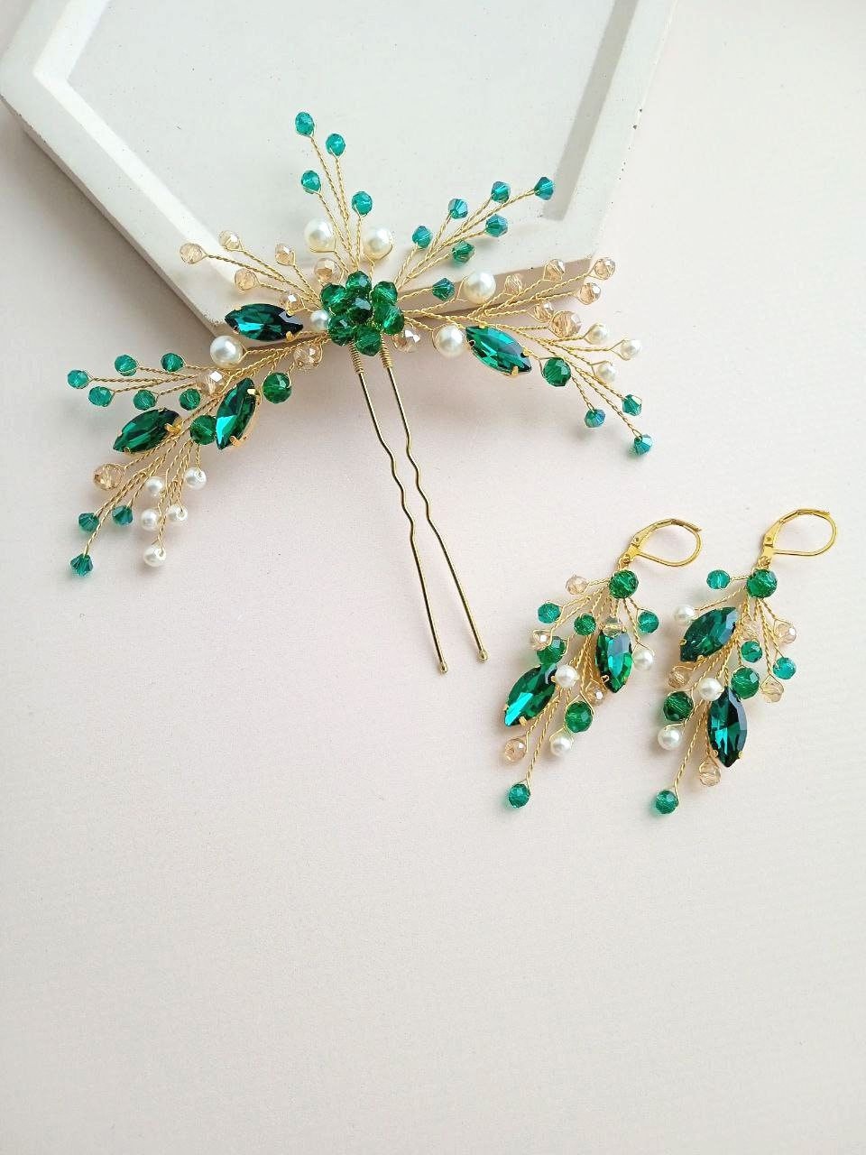 Emerald jewelry set Green jewelry set Emerald hair pin Emerald wedding set Emerald bridal set Prom jewelry set Wedding hair accessories