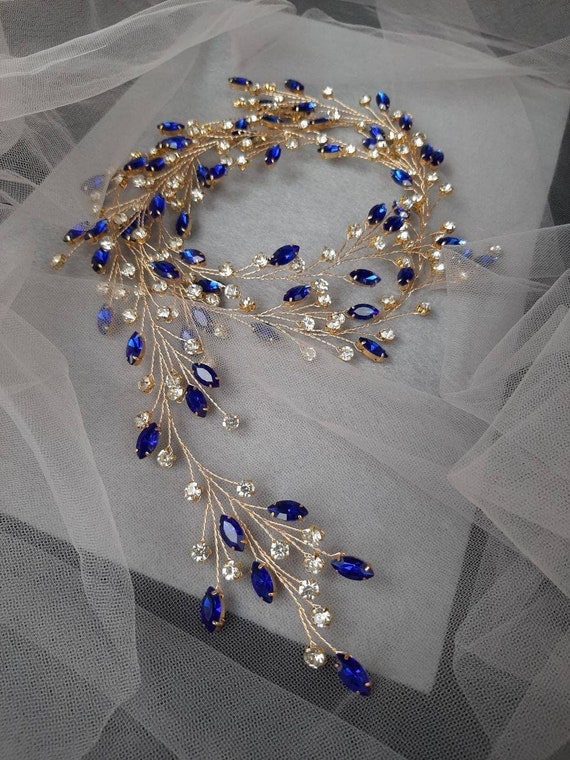 Braut-Kopfschmuck Mit Blauen Saphir-Strass – Elegant, Ca. 38 Cm, Für Hochzeit & Ball