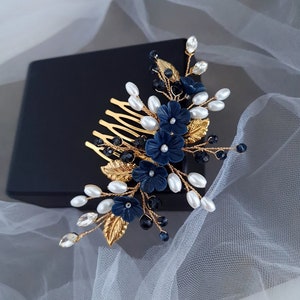 Navy blue jewelry set Navy blue hair comb Navy jewelry set Navy blue earrings Blue hair combs Navy blue hair comb Something blue bride image 6