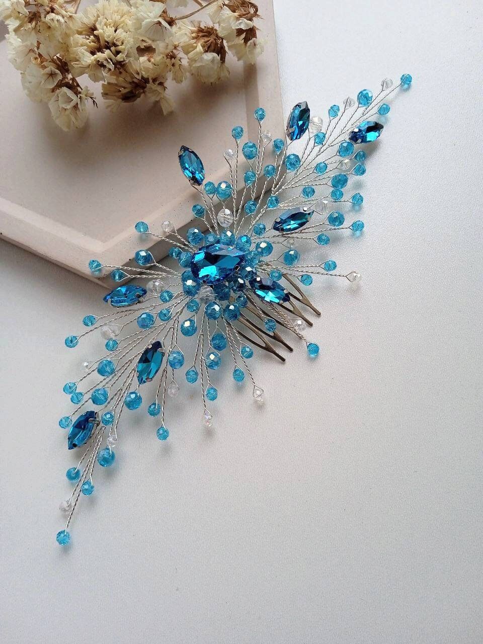 Turquoise hair comb Aquamarine hair comb Crystal hair comb Blue hair comb Mermaid hair comb Turquoise jewelry Teal hair piece Teal hair comb