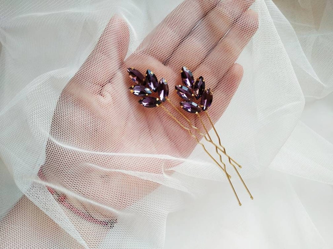 Denifery Amethyst Haarnadeln Set – 3 Stück, Silberfarben, Lila Strass, Für Hochzeit & Brautjungfern