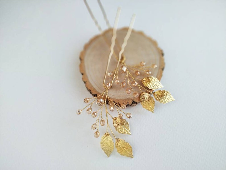 Bridal hair comb leaf gold Hairpiece gold Crystal gold hair pin Floral hair pin Wedding hair accessories gold Bridal set hair pins gold